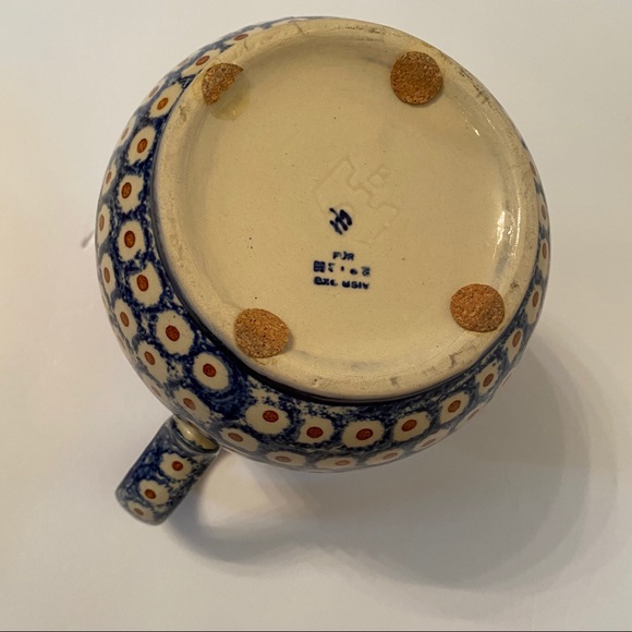 POLISH POTTERY PITCHER VINTAGE BLUE WHITE POLAND HANDMADE BOLESLAWIEC HOME SERVE - Picture 8 of 10